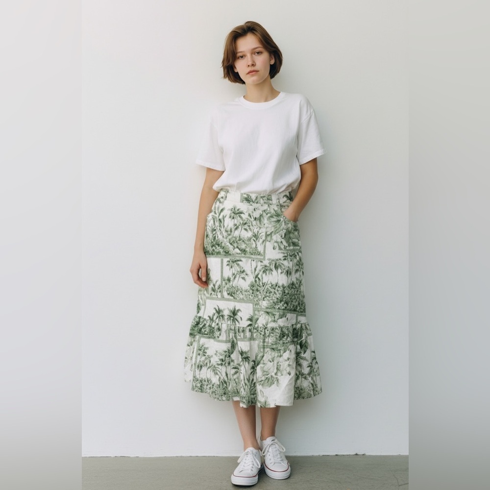 Rachel Zoe Linen Blend Skirt Green Size Small Coastal Living Garden Print Palms - Picture 8 of 8